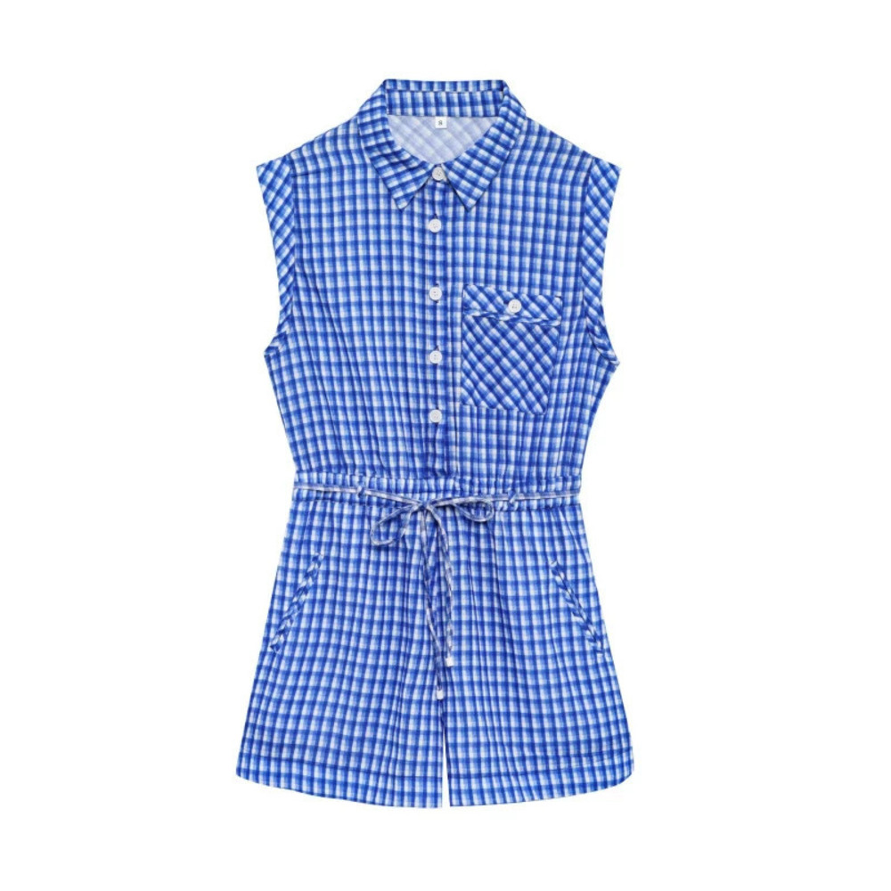 ZARA Summer Simple Sleeveless Plaid Waist Cinched Jumpsuit